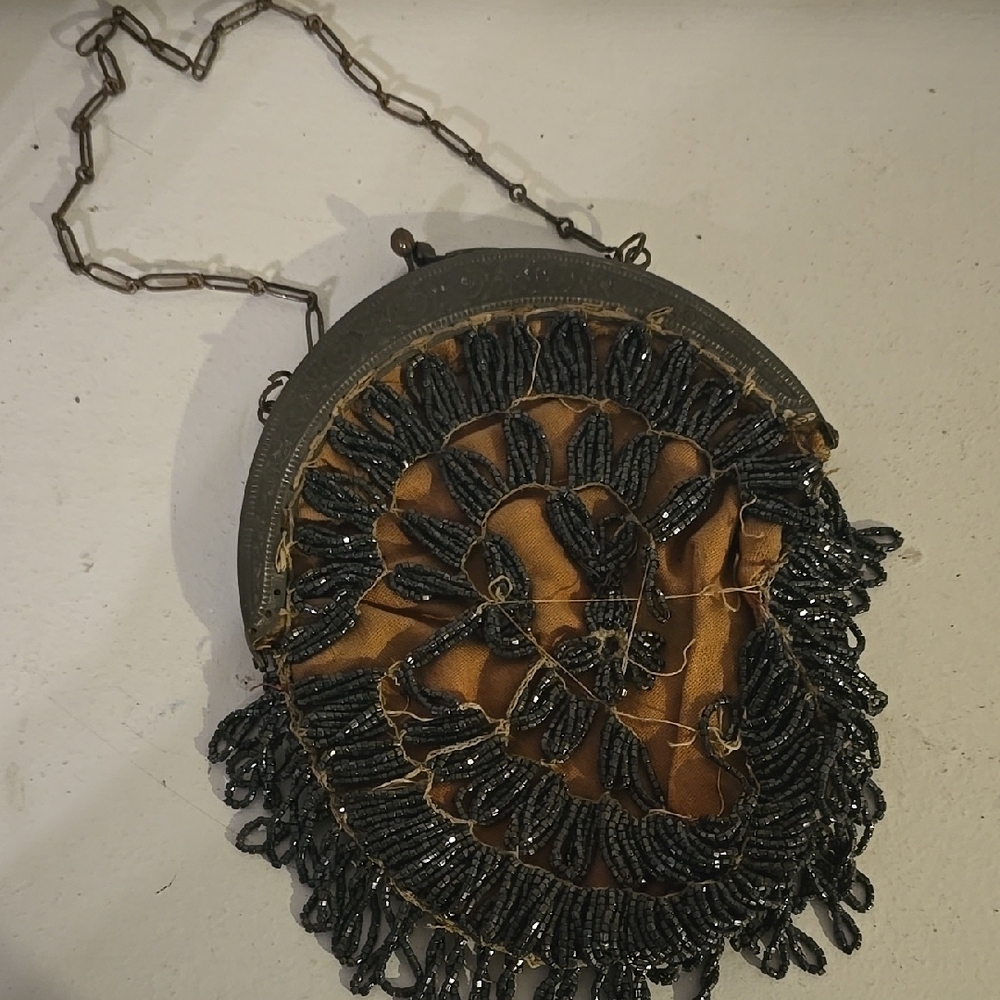 Antique Early 1900s Victorian Edwardian Black Glass Sead Bead Handbag